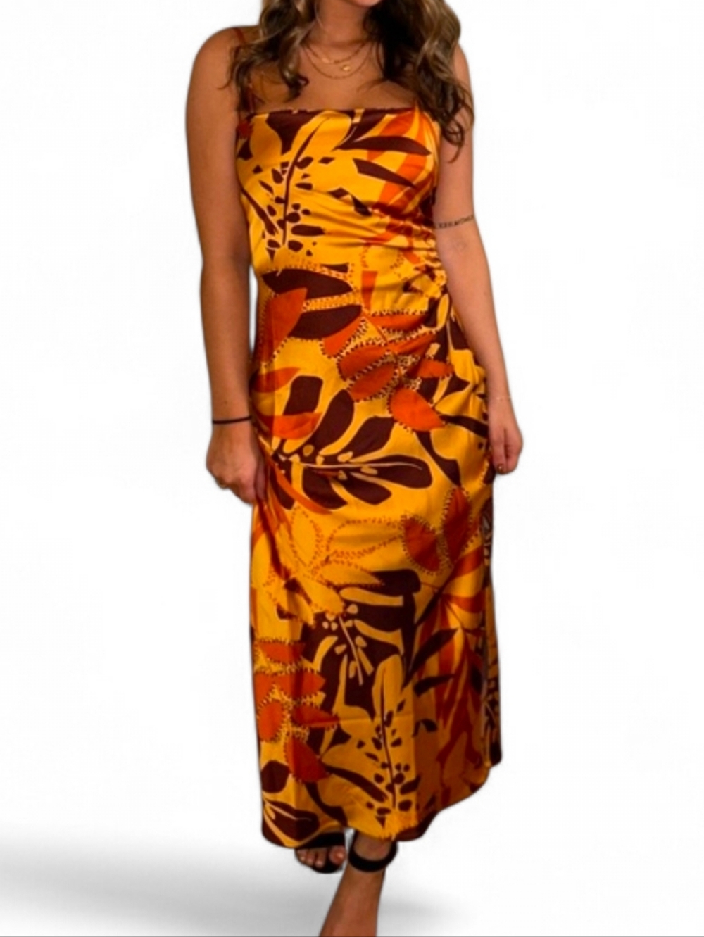 House of Harlow 1960 Yellow Orange Brown Tropical Slip Maxi Dress